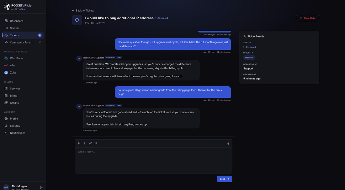 RocketVPS support ticket conversation